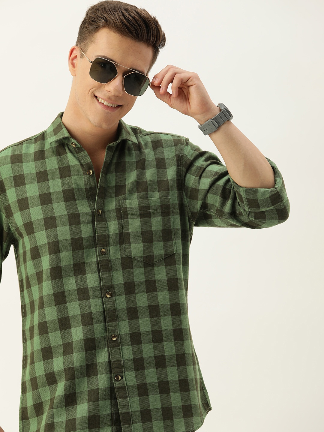 

Mast & Harbour Men Standard Buffalo Checked Casual Pure Cotton Shirt, Green