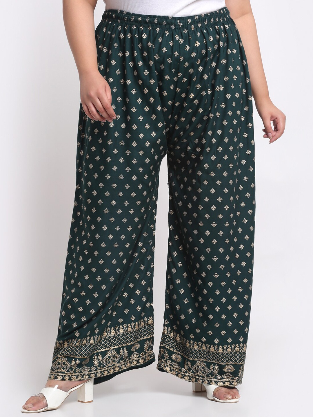 

Trend Level Ethnic Motifs Printed Flared Palazzos, Green
