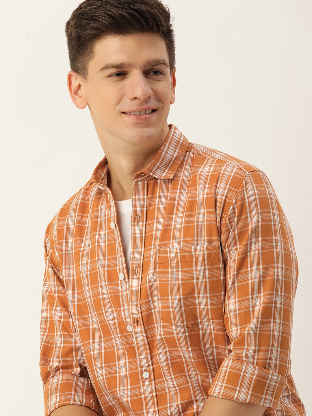 

Mast & Harbour Men Standard Opaque Checked Casual Pure Cotton Shirt, Orange