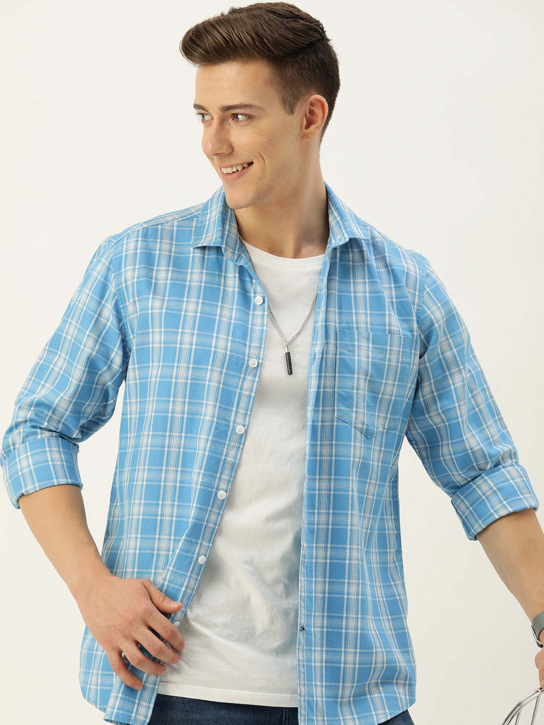 

Mast & Harbour Men Standard Checked Casual Pure Cotton Shirt, Blue
