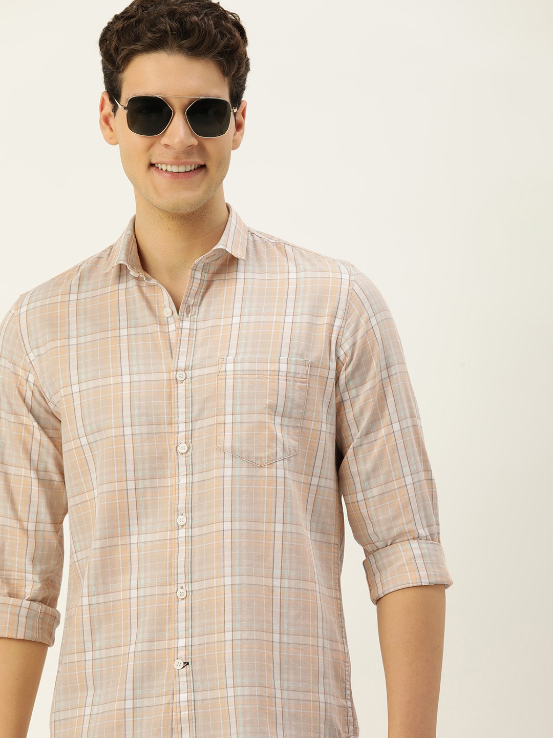 

Mast & Harbour Men Standard Opaque Checked Casual Pure Cotton Shirt, Peach