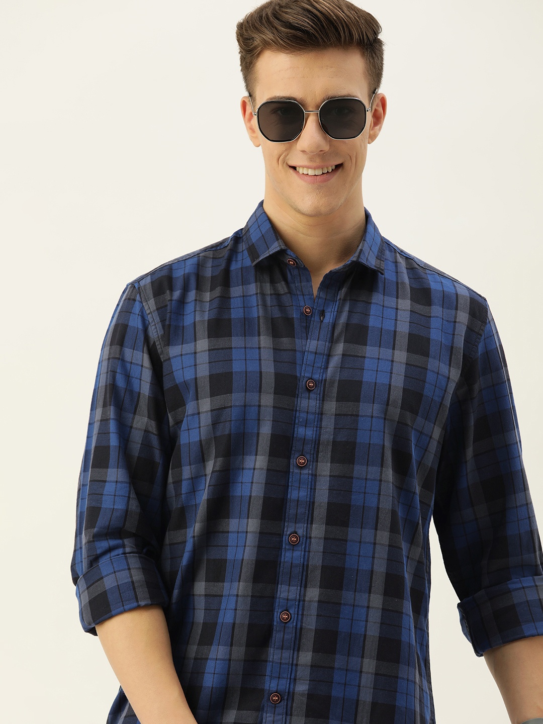 

Mast & Harbour Men Standard Checked Casual Pure Cotton Shirt, Blue