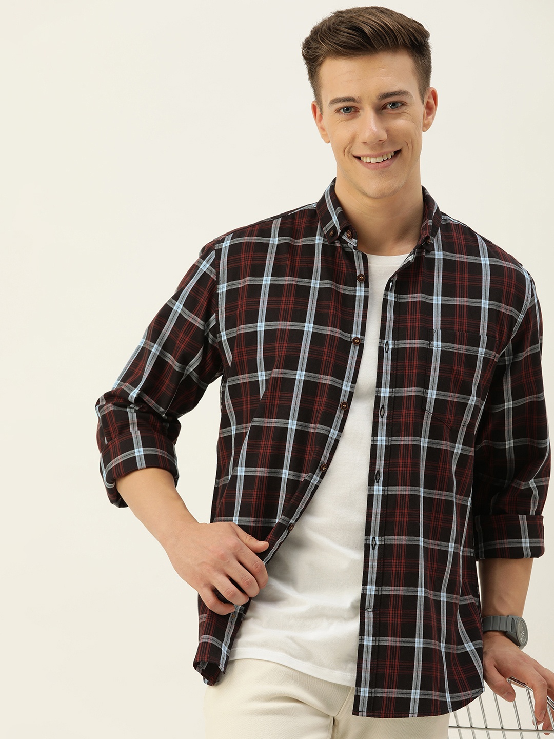 

Mast & Harbour Men Standard Checked Casual Pure Cotton Shirt, Black