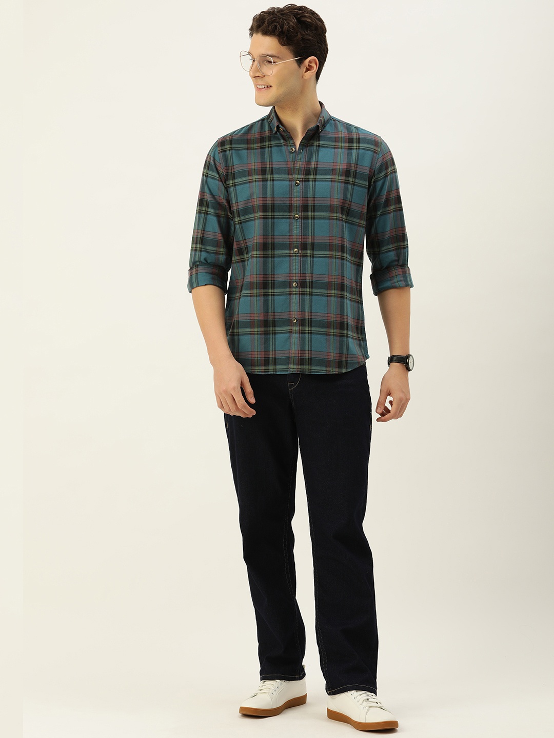 

Mast & Harbour Men Standard Opaque Checked Casual Pure Cotton Shirt, Teal