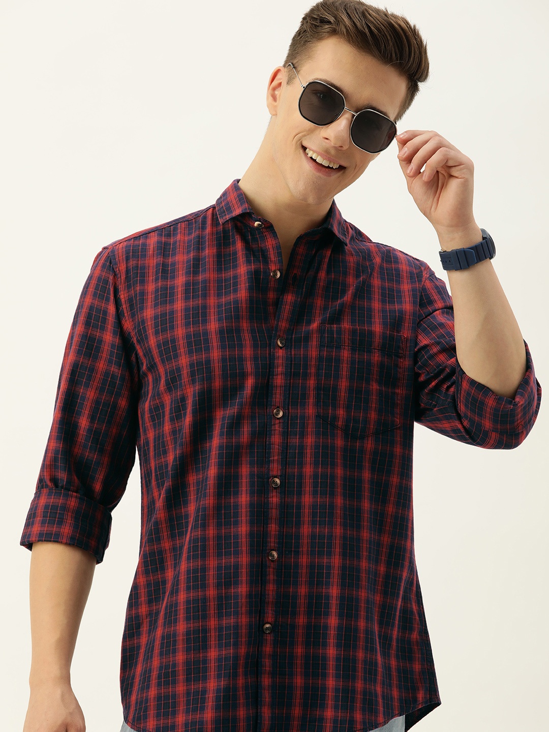 

Mast & Harbour Men Standard Checked Casual Pure Cotton Shirt, Red