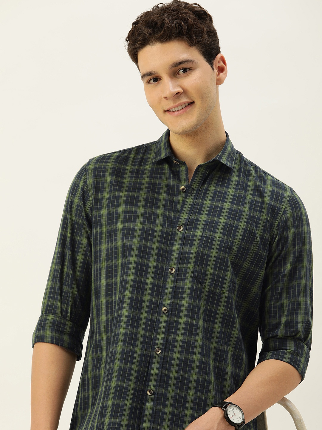 

Mast & Harbour Men Standard Checked Casual Pure Cotton Shirt, Green