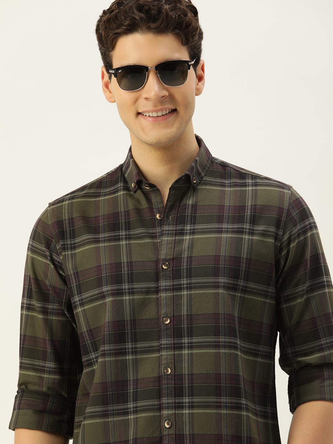 

Mast & Harbour Men Standard Checked Casual Pure Cotton Shirt, Green