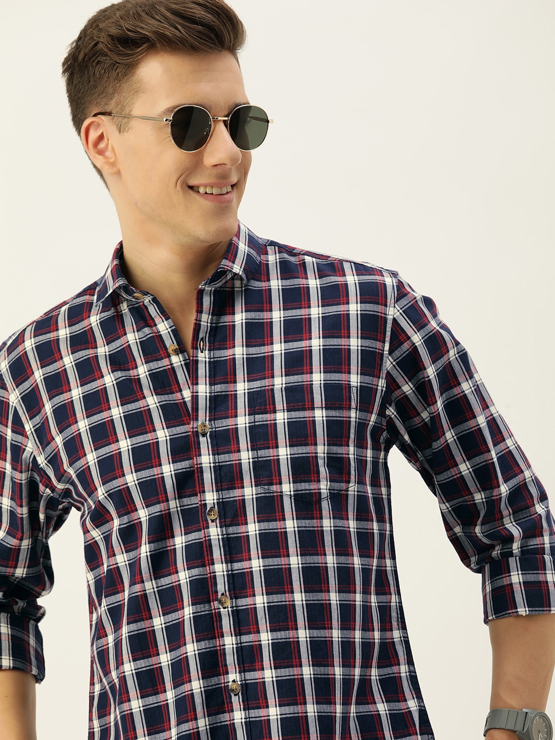 

Mast & Harbour Men Standard Checked Casual Pure Cotton Shirt, Navy blue