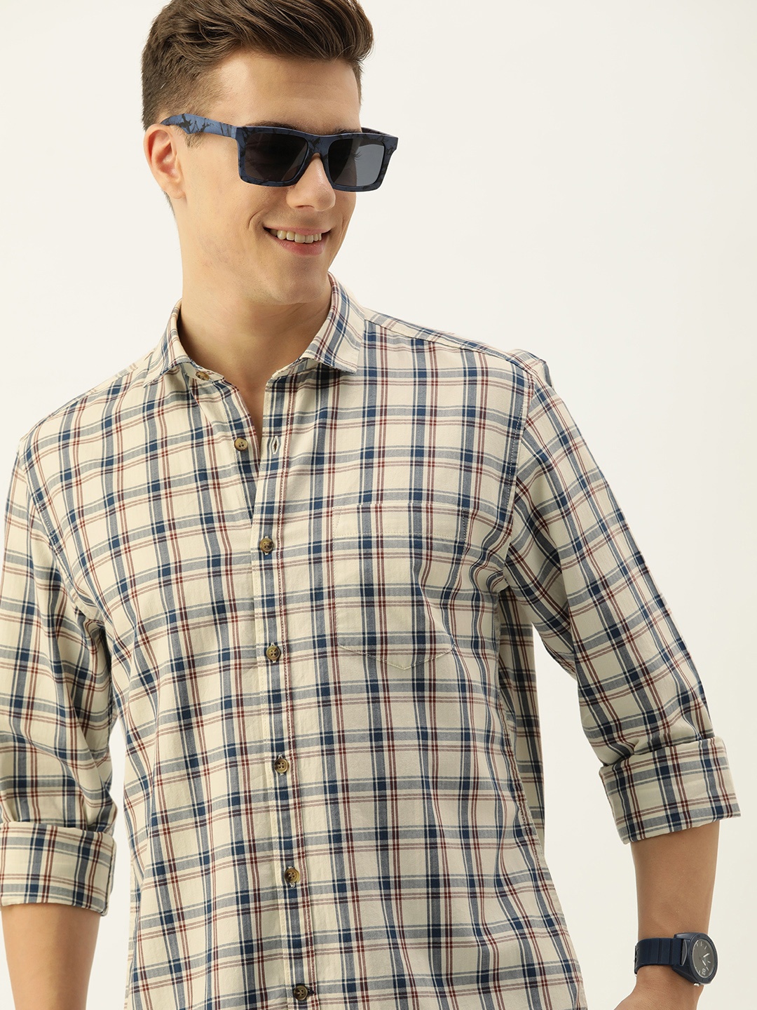 

Mast & Harbour Men Standard Checked Casual Pure Cotton Shirt, Cream