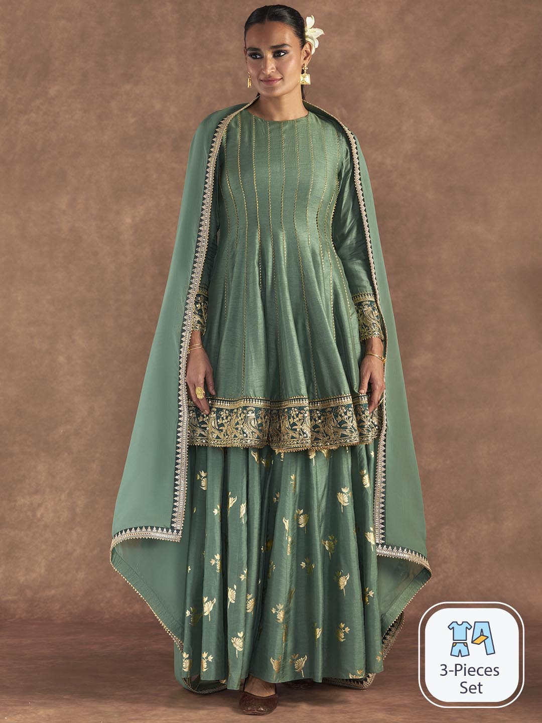 

Masaba Irisbud Gotta Patti Raw Silk A-Line Kurta With Palazzos & Dupatta, Green