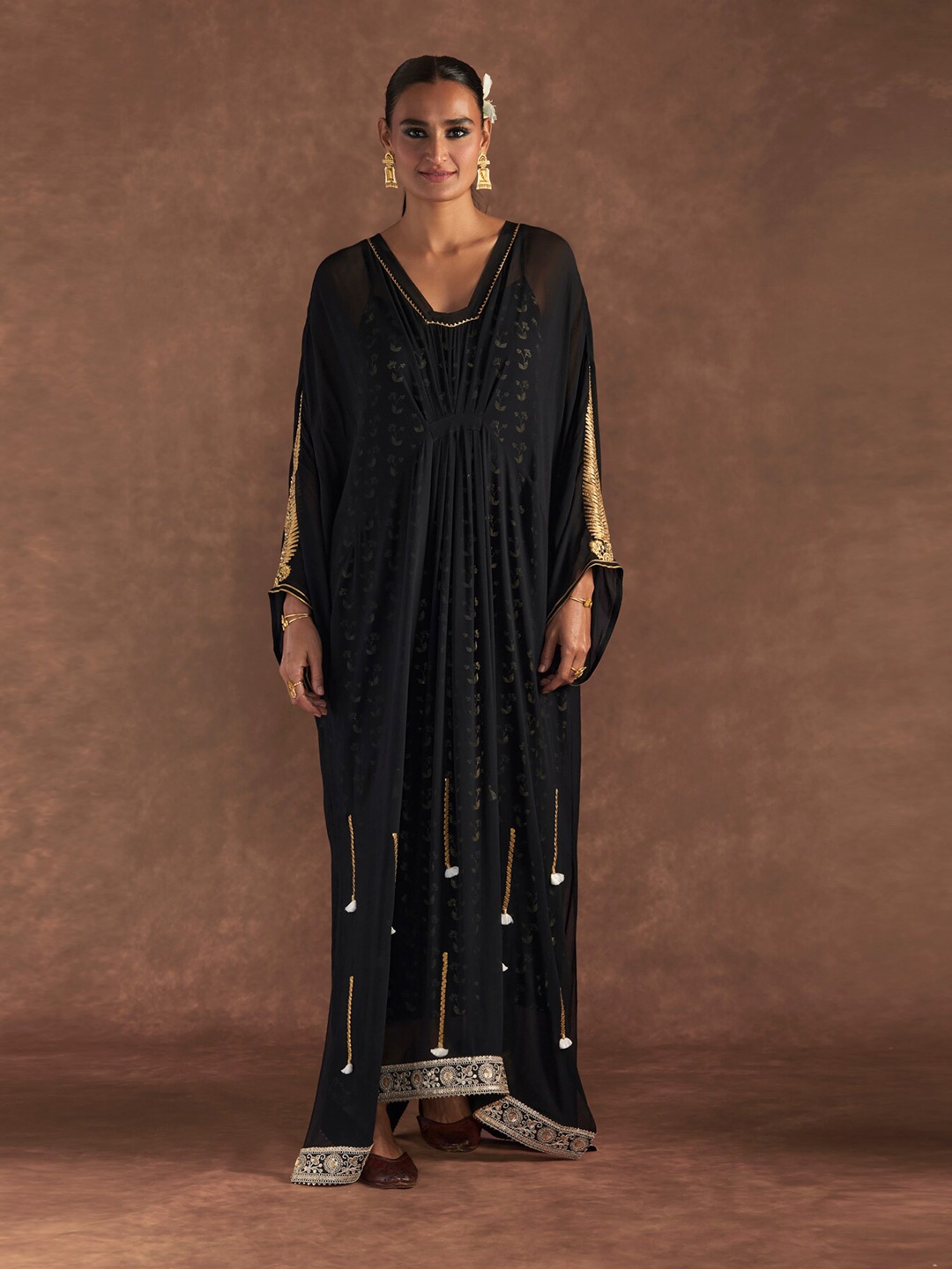 

Masaba Gotta Embroidered Georgette A-Line Maxi Kaftan Dress with Slip, Green