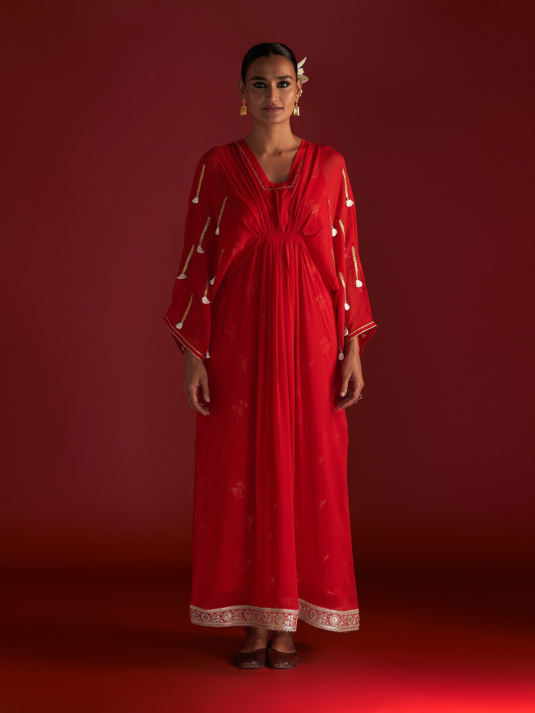 

Masaba Square Neck Gota Embroidered Detail Georgette A-Line Maxi Ethnic Dress With Slip, Red