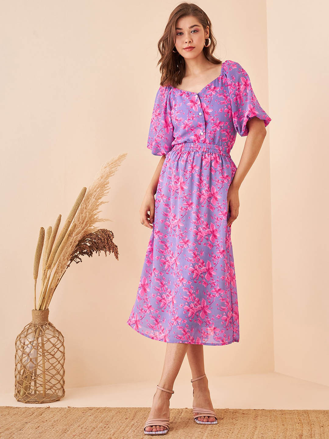 

Kibo Floral Printed Puff Sleeve Top & Skirt, Purple