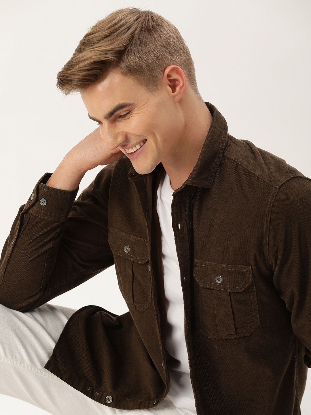 

Mast & Harbour Men Standard Corduroy Cotton Shirt, Brown