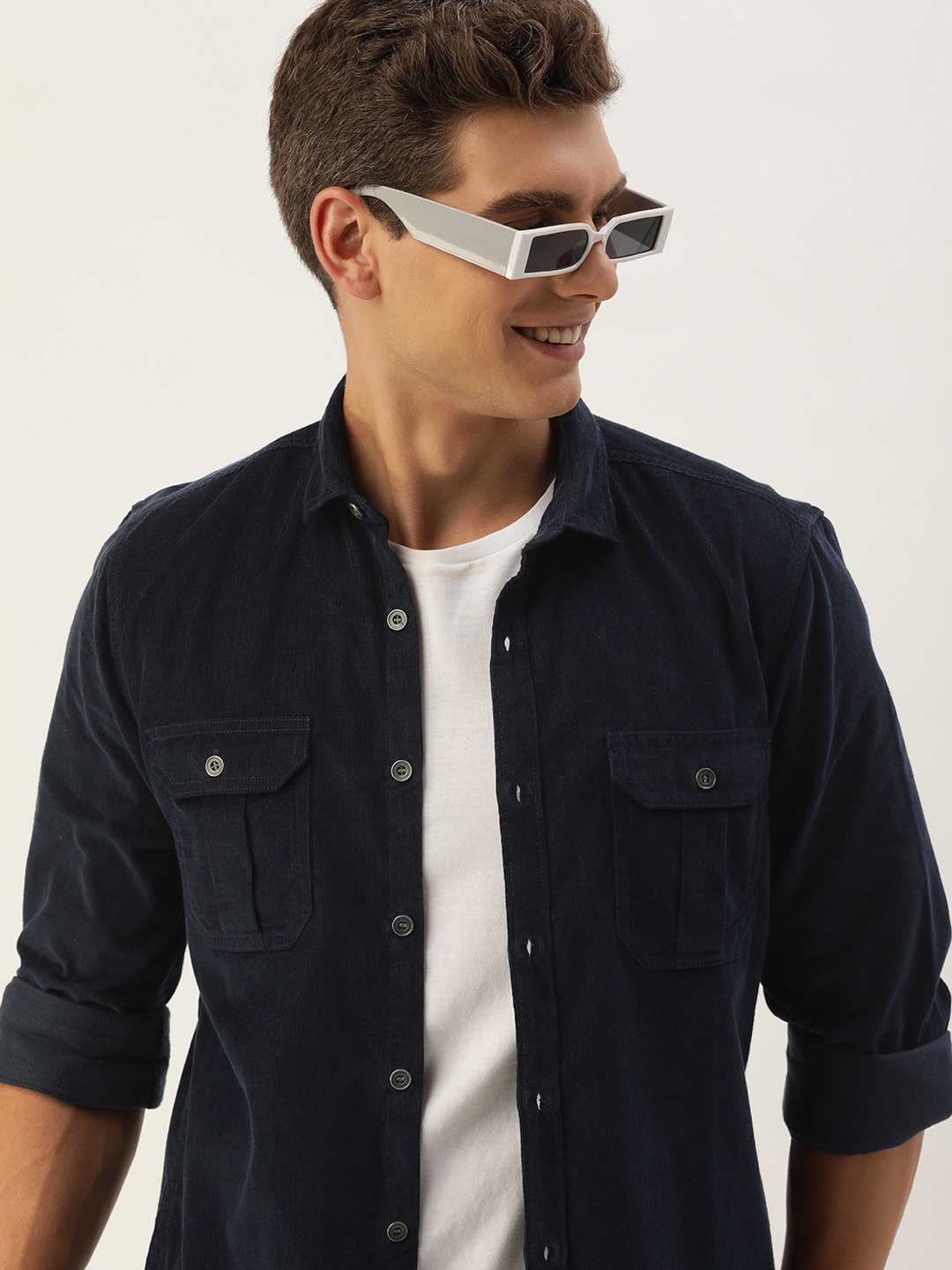 

Mast & Harbour Men Standard Corduroy Cotton Casual Shirt, Navy blue