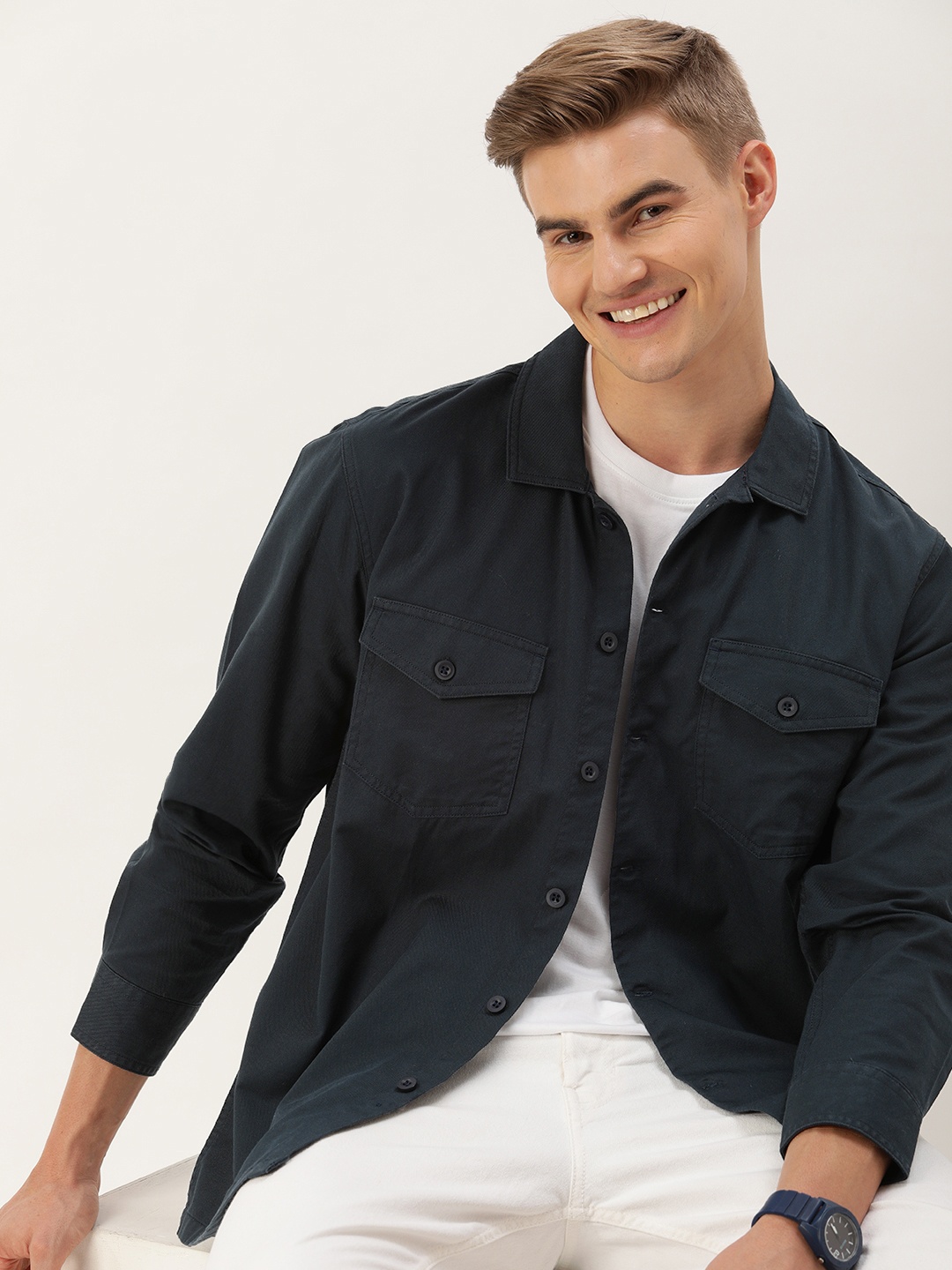 

Mast & Harbour Men Standard Cotton Shacket, Navy blue