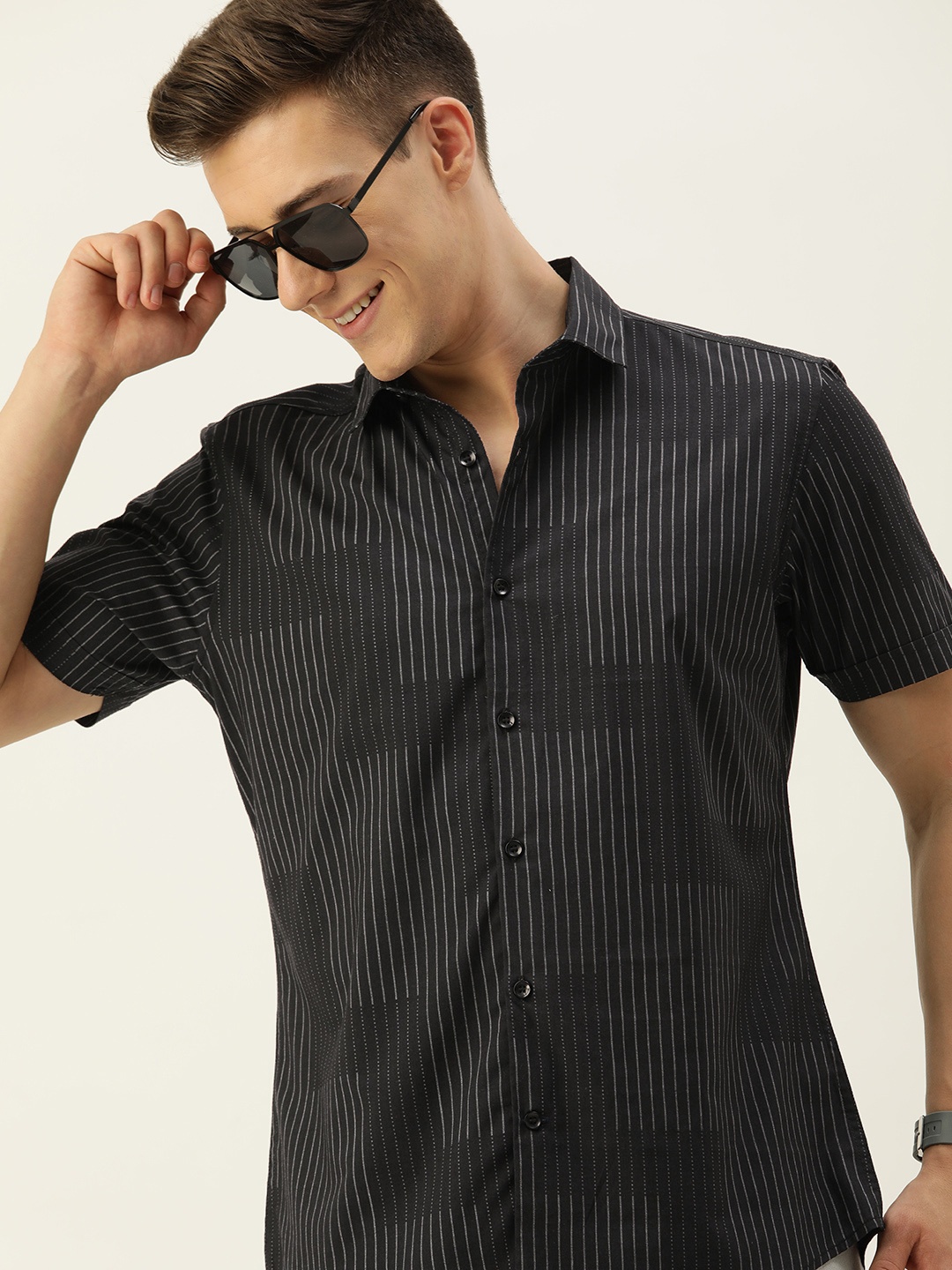 

Mast & Harbour Men Standard Opaque Striped Casual Shirt, Black