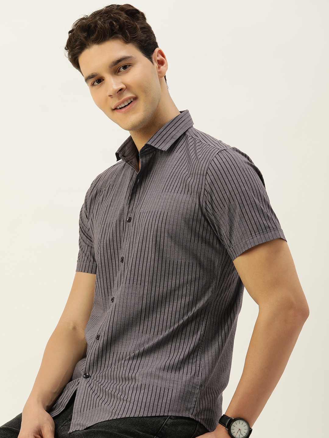 

Mast & Harbour Men Standard Opaque Striped Casual Shirt, Grey