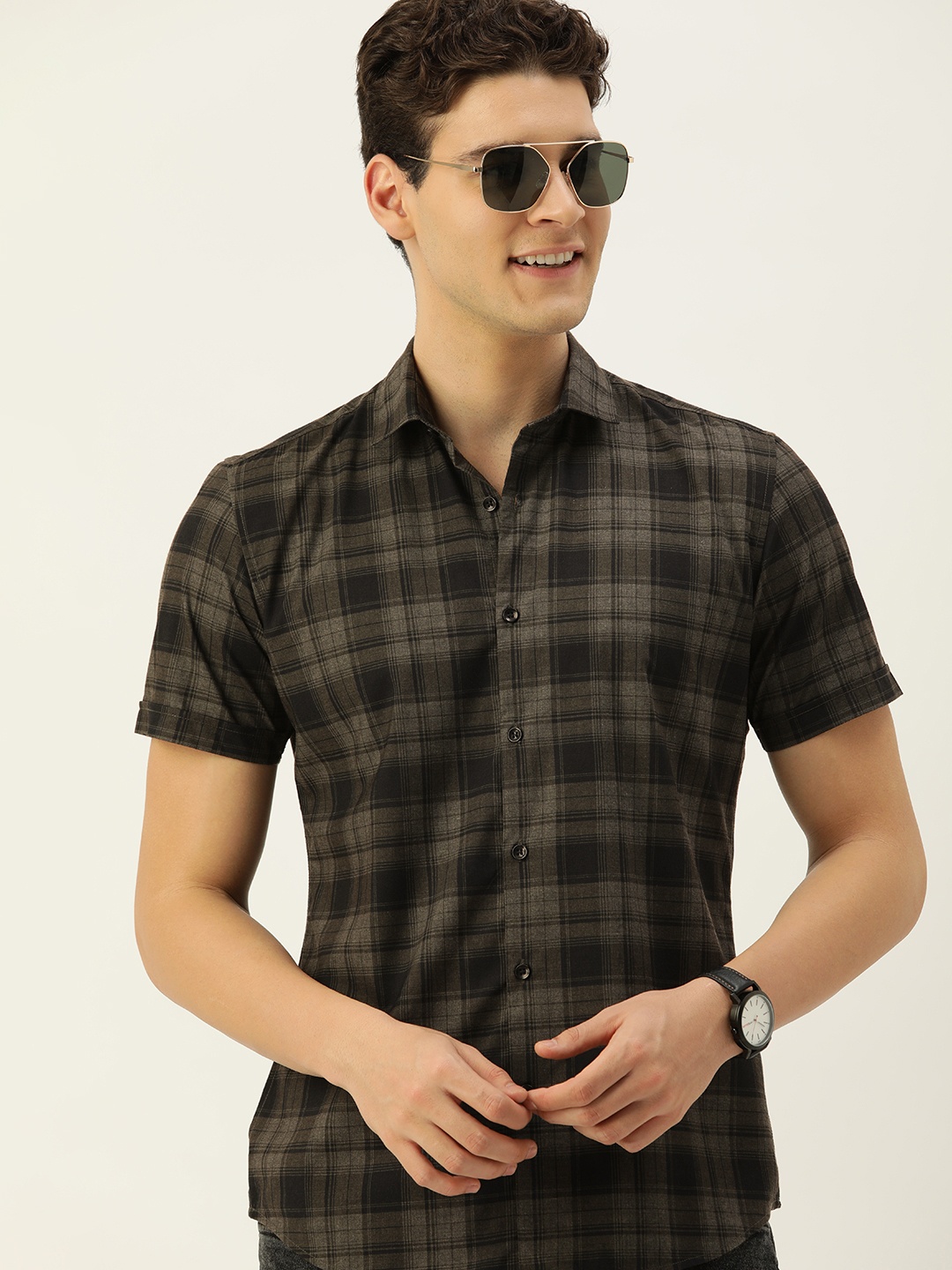 

Mast & Harbour Men Standard Checked Casual Shirt, Black