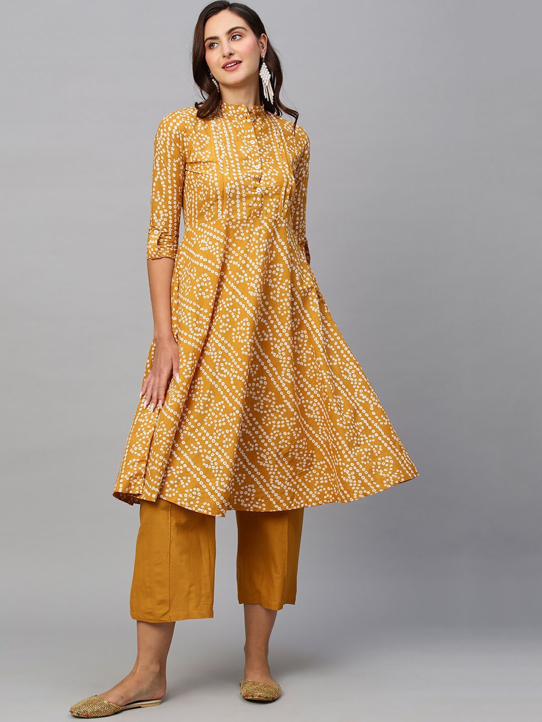 

Sangria Bandhani Printed Pure Cotton Anarkali Kurta With Palazzos, Mustard