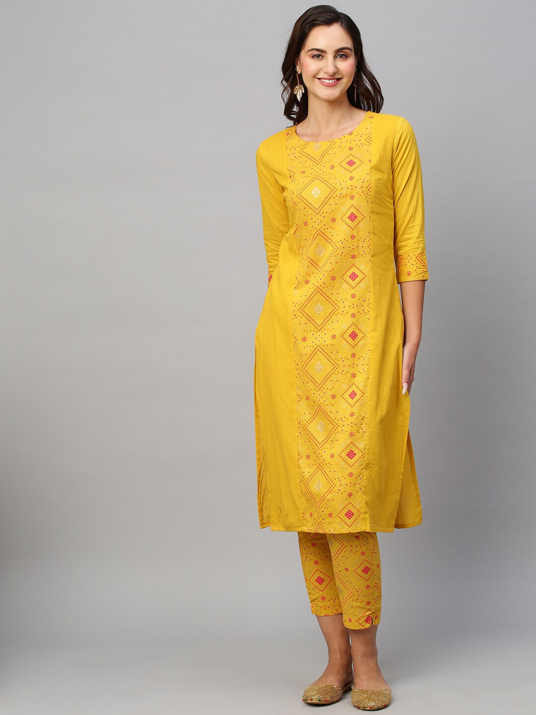 

Sangria Ethnic Motifs Printed Pure Cotton Straight Kurta & Trousers, Yellow