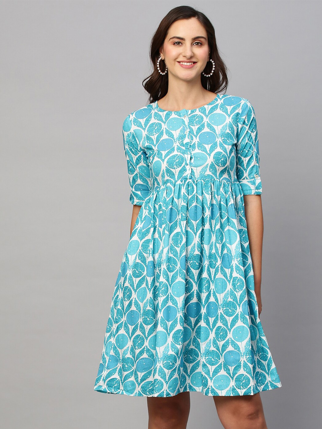 

Sangria Geometric Printed Gathered or Pleated Detailed Roll-Up Sleeves Cotton A Line Dress, Blue