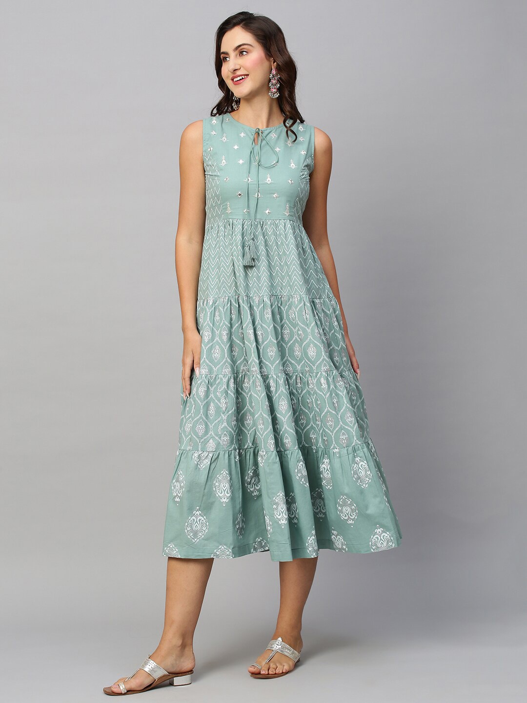 

Sangria Ethnic Motifs Printed Tie-Up Neck Tiered Pure Cotton A-Line Ethnic Dress, Sea green