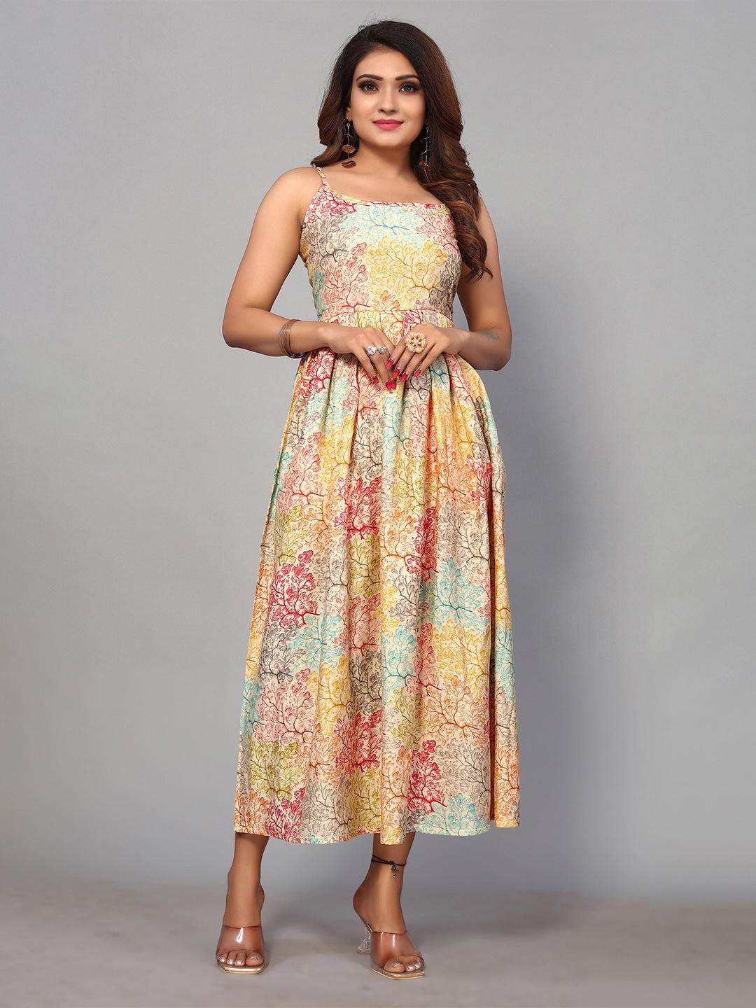 

Sangria Floral Printed Pleated Detailed Shoulder Straps Fit & Flare Midi Dress, Beige