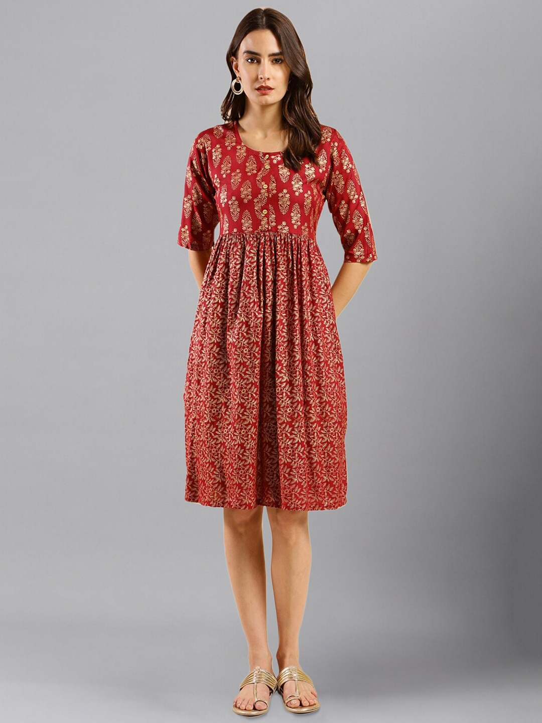 

Sangria Ethnic Motifs Printed Cotton Fit & Flare Dress, Maroon