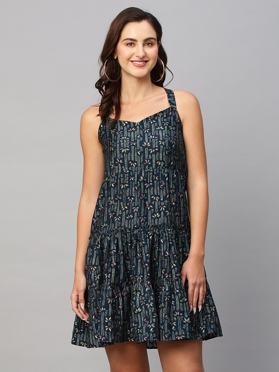 

Sangria Floral Printed Gathered Detailed Tiered A-Line Dress, Teal