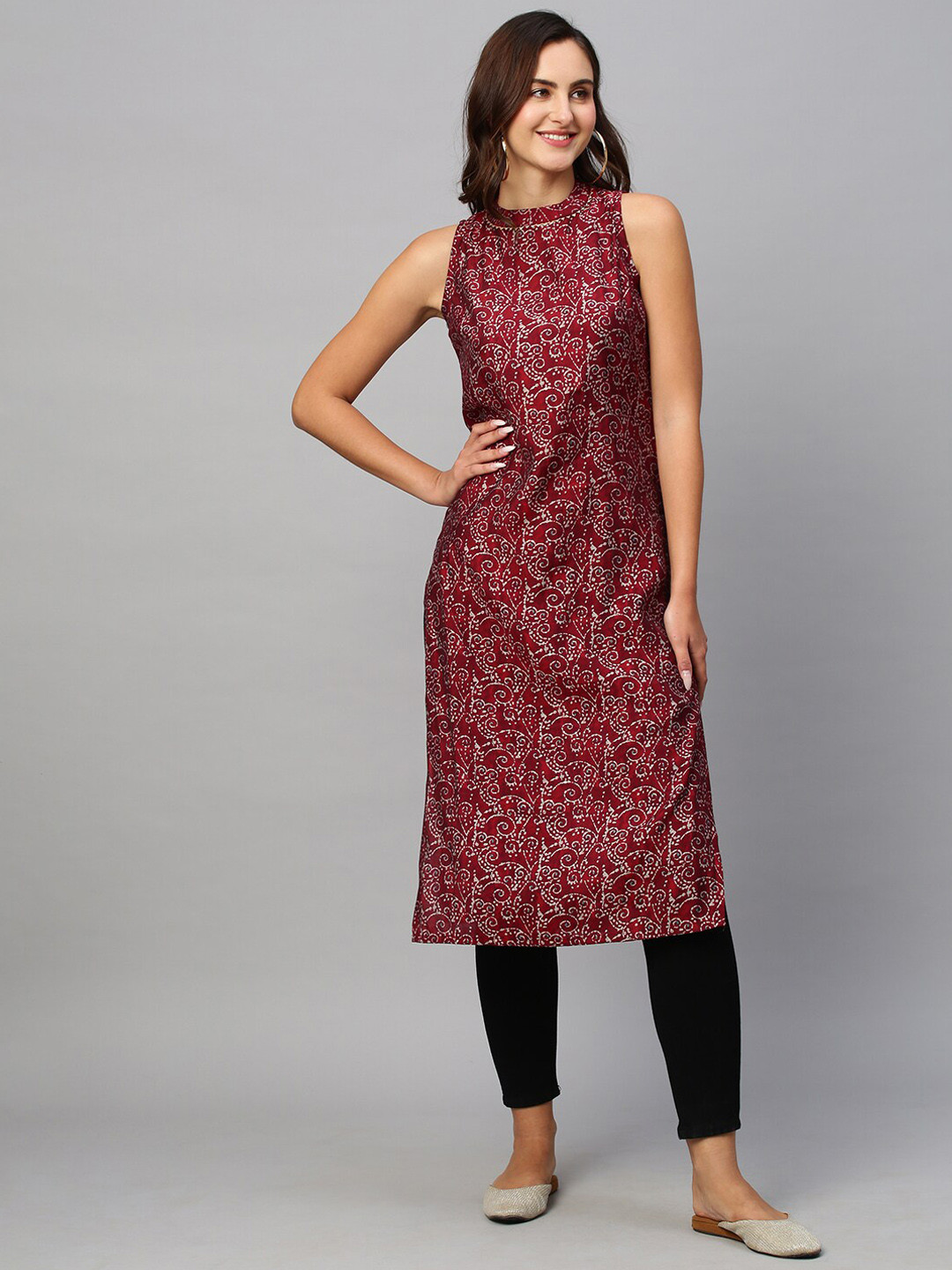 

Sangria Floral Printed Tie-Up Neck Straight Chanderi Silk Kurta, Maroon