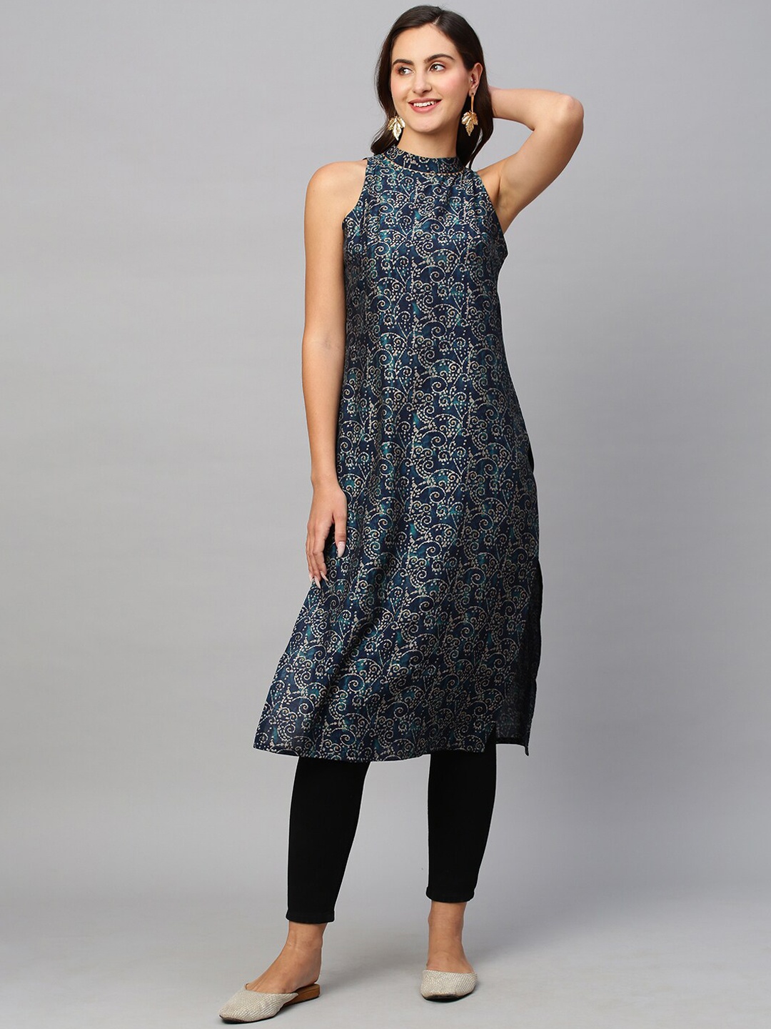 

Sangria Floral Printed Tie-Up Neck Straight Chanderi Silk Kurta, Teal