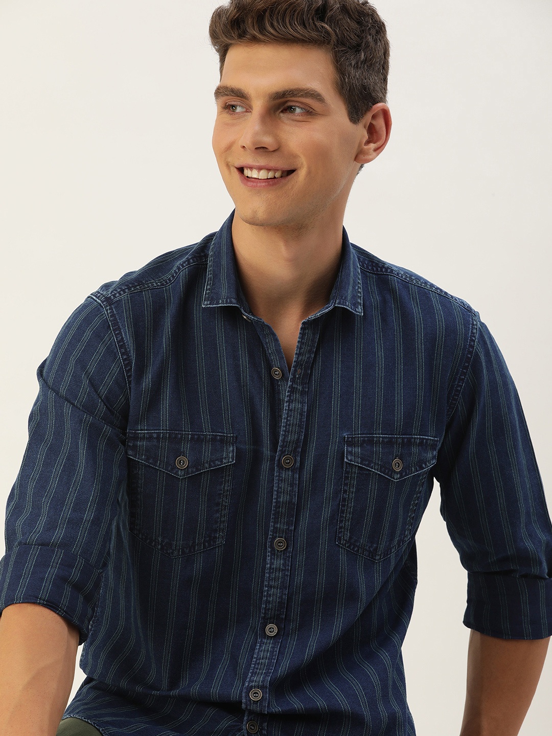 

Mast & Harbour Men Standard Cotton Indigo Striped Shirt, Blue