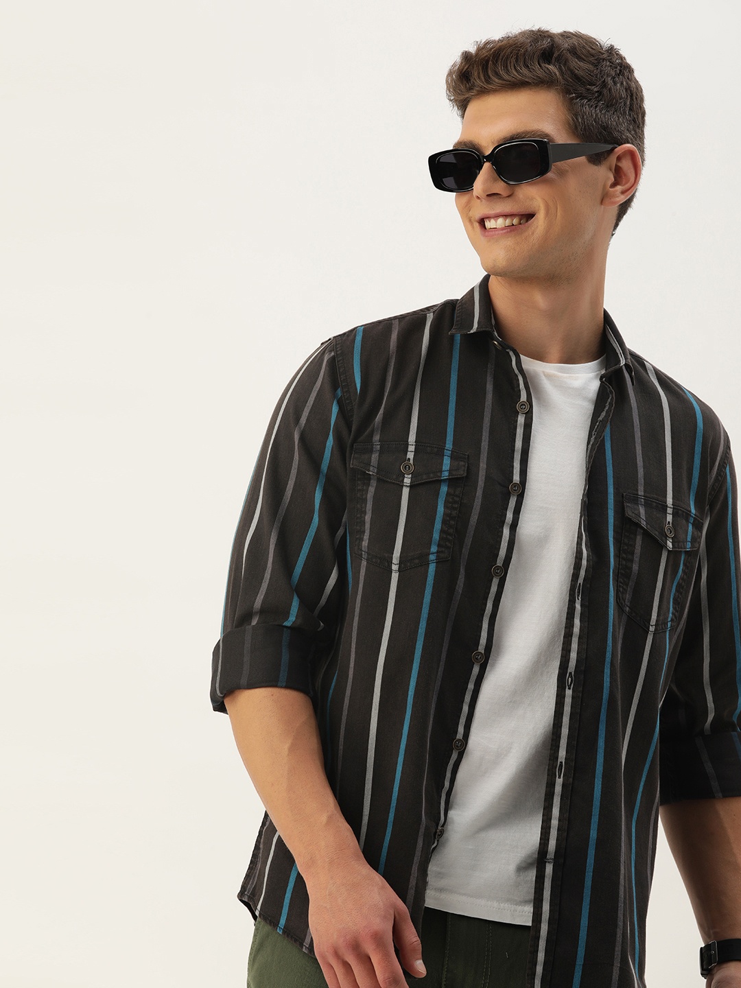 

Mast & Harbour Men Standard Polycotton Indigo Striped Shirt, Blue