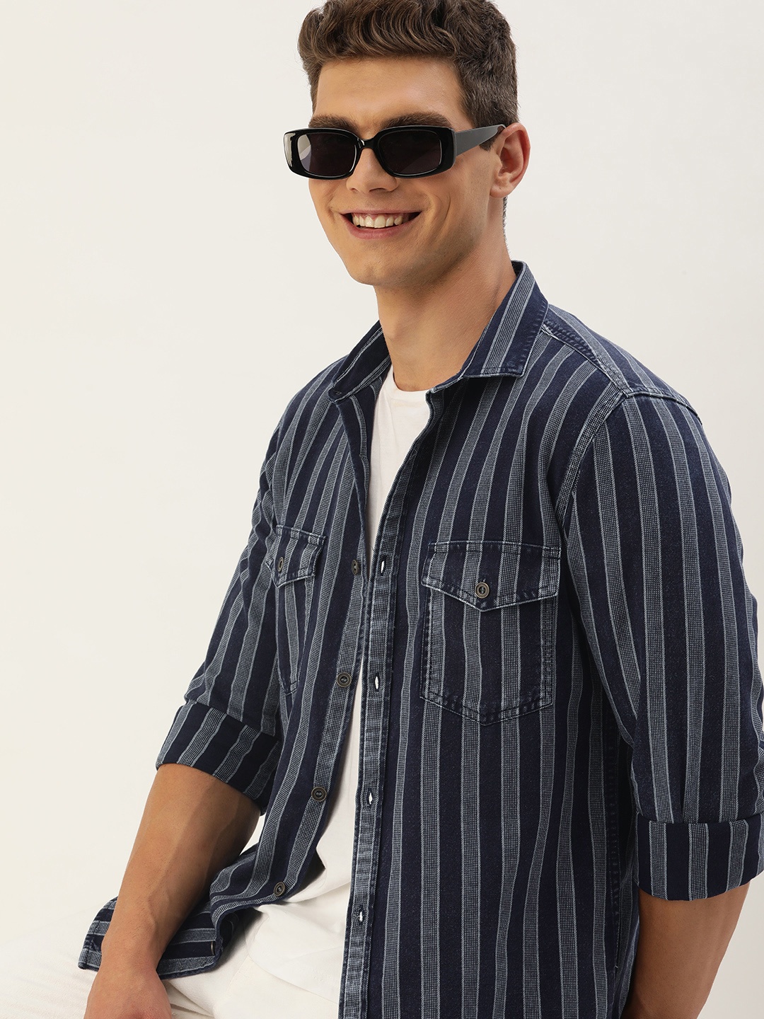 

Mast & Harbour Men Standard Cotton Indigo Striped Shirt, Blue