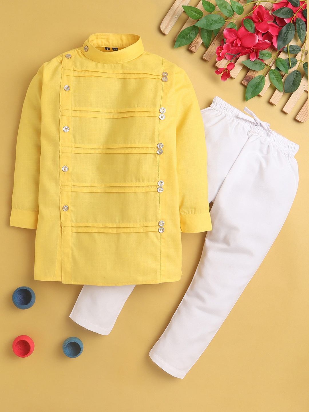 

BAESD Boys Striped Band Collar Pleated Kurta Set, Yellow