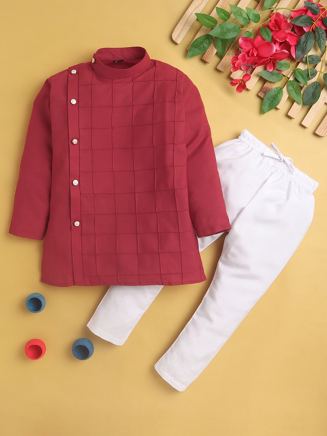 

BAESD Boys Checked Regular Kurta With Pyjamas, Red