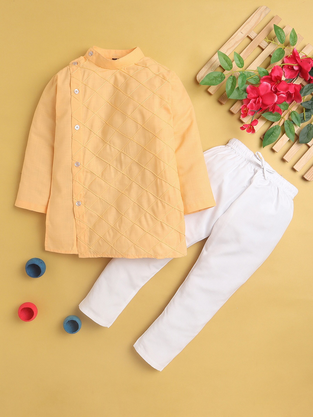 

BAESD Boys Checked Angrakha Thread Work Kurta With Pyjamas, Yellow
