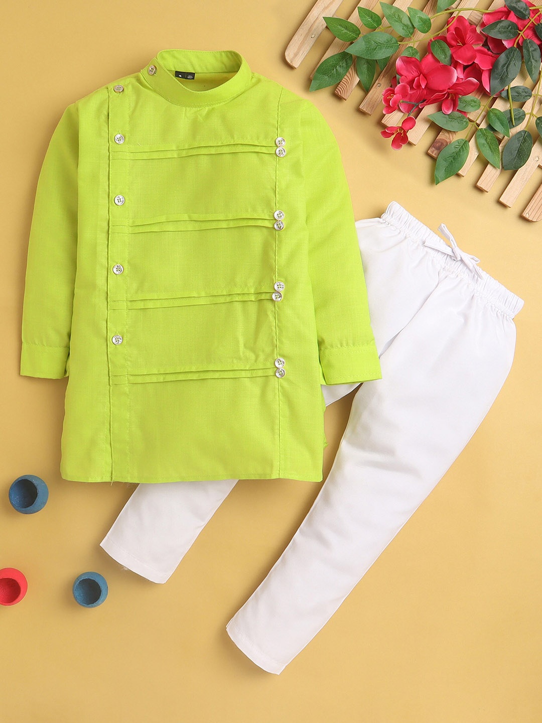 

BAESD Boys Striped Band Collar Pleated Kurta Set, Green