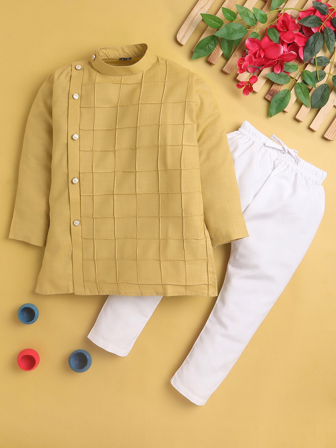 

BAESD Boys Checked Regular Kurta With Pyjamas, Beige