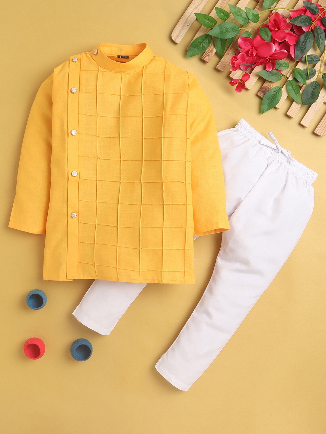 

BAESD Boys Mandarin Collar Regular Kurta with Pyjamas, Yellow
