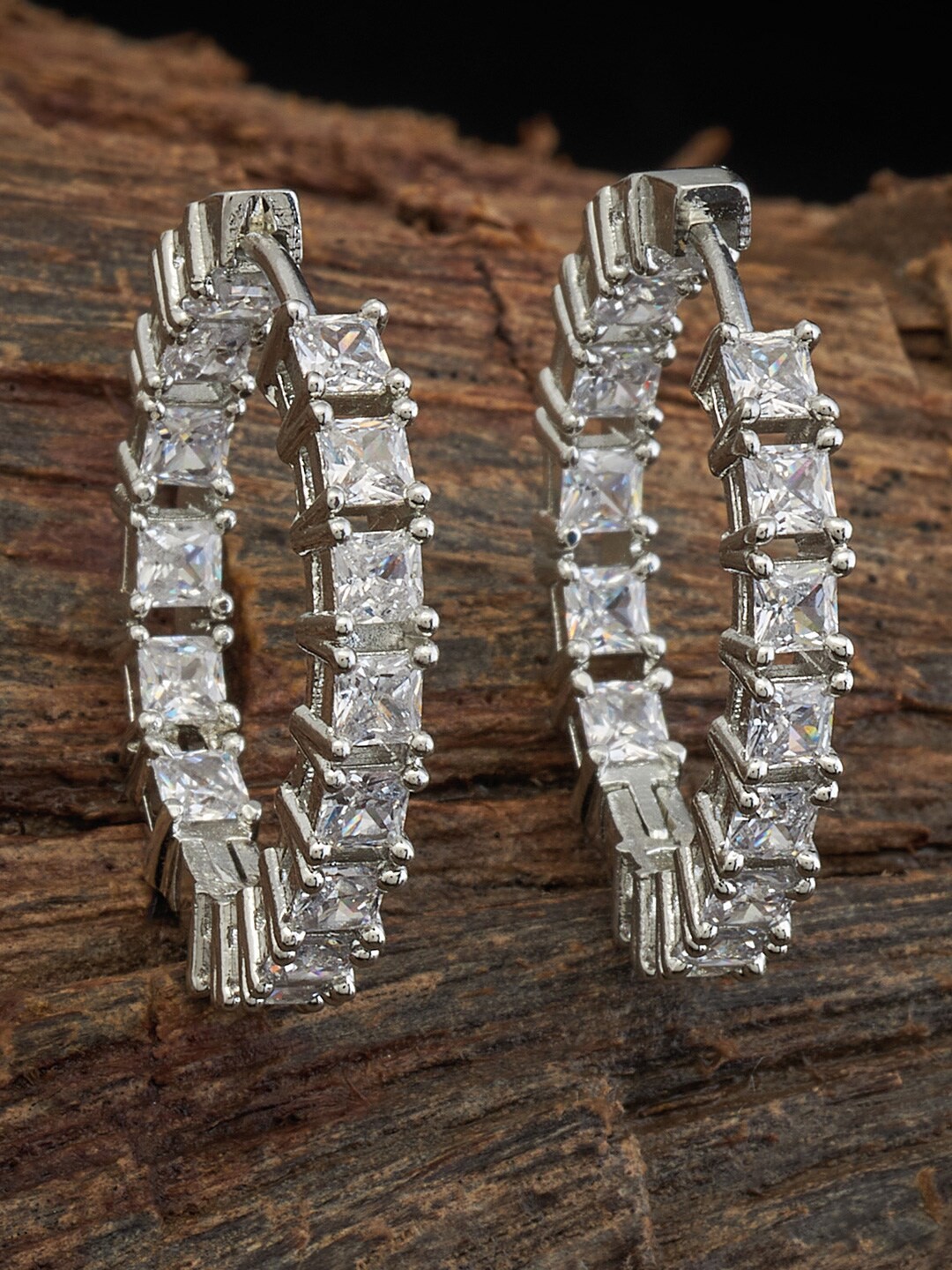 

Kushal's Fashion Jewellery Rhodium-Plated Zircon Studded Contemporary Hoop Earrings, Silver