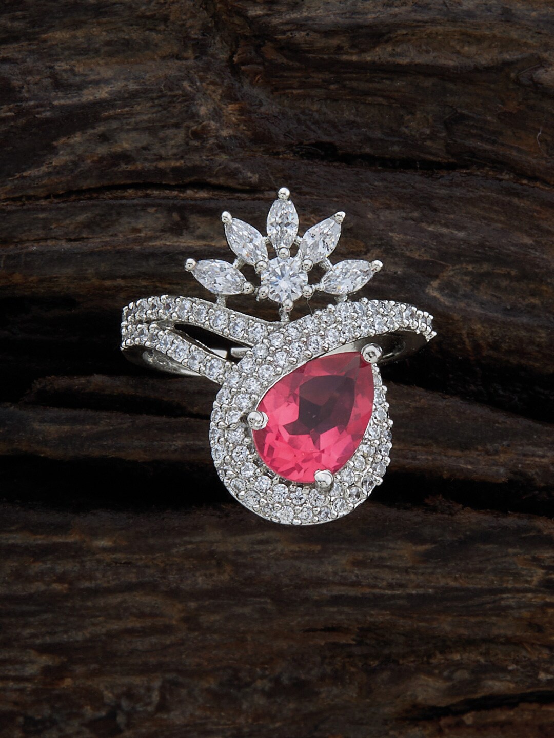 

Kushal's Fashion Jewellery Rhodium-Plated Zircon-Studded Adjustable Finger Ring, Silver