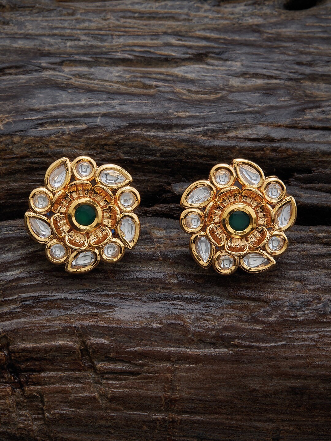 

Kushal's Fashion Jewellery Gold-Plated Circular Kundan Studs Earrings, Green