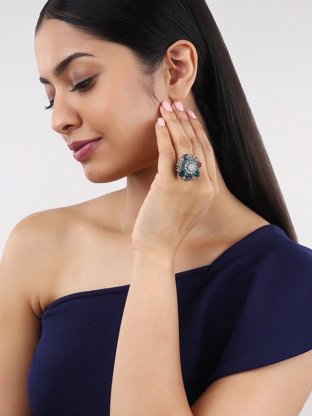 

Kushal's Fashion Jewellery Rhodium-Plated Cubic Zirconia Studded Ring, Silver
