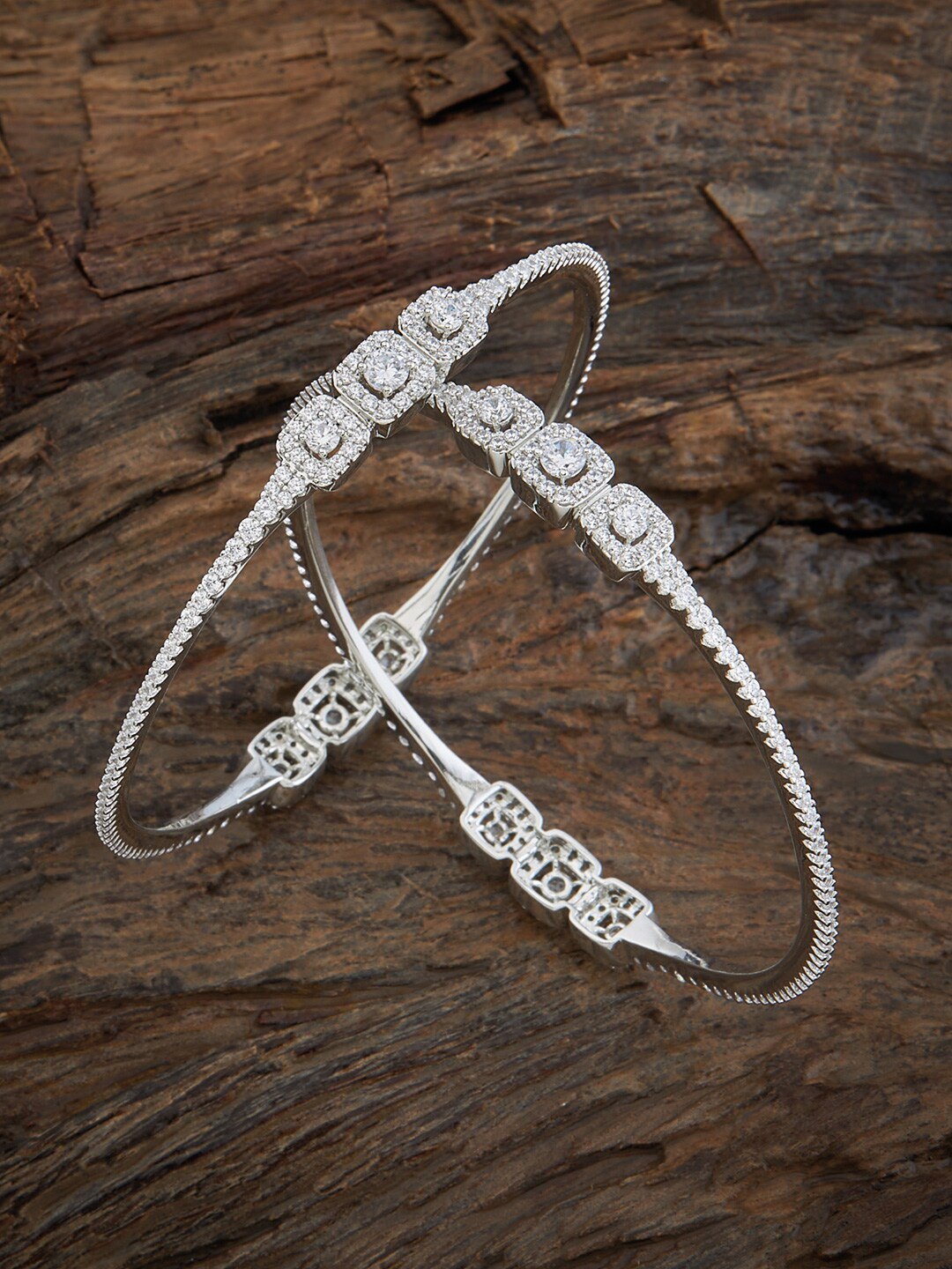 

Kushal's Fashion Jewellery Set Of 2 Rhodium-Plated Zircon Studded Bangles, Silver