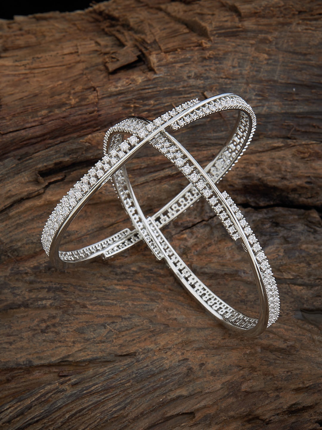 

Kushal's Fashion Jewellery Set Of 2 Rhodium-Plated Zircon-Studded Bangles, Silver
