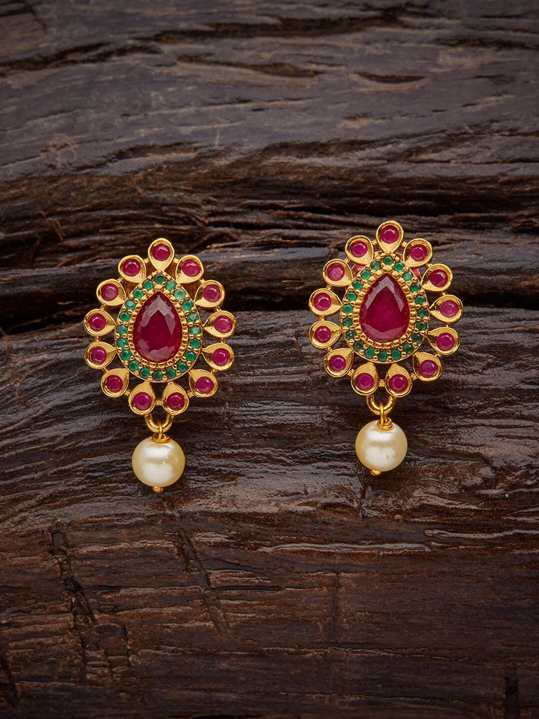 

Kushal's Fashion Jewellery Teardrop Shaped Gold-Plated Artificial Beads Studs Earrings, Red