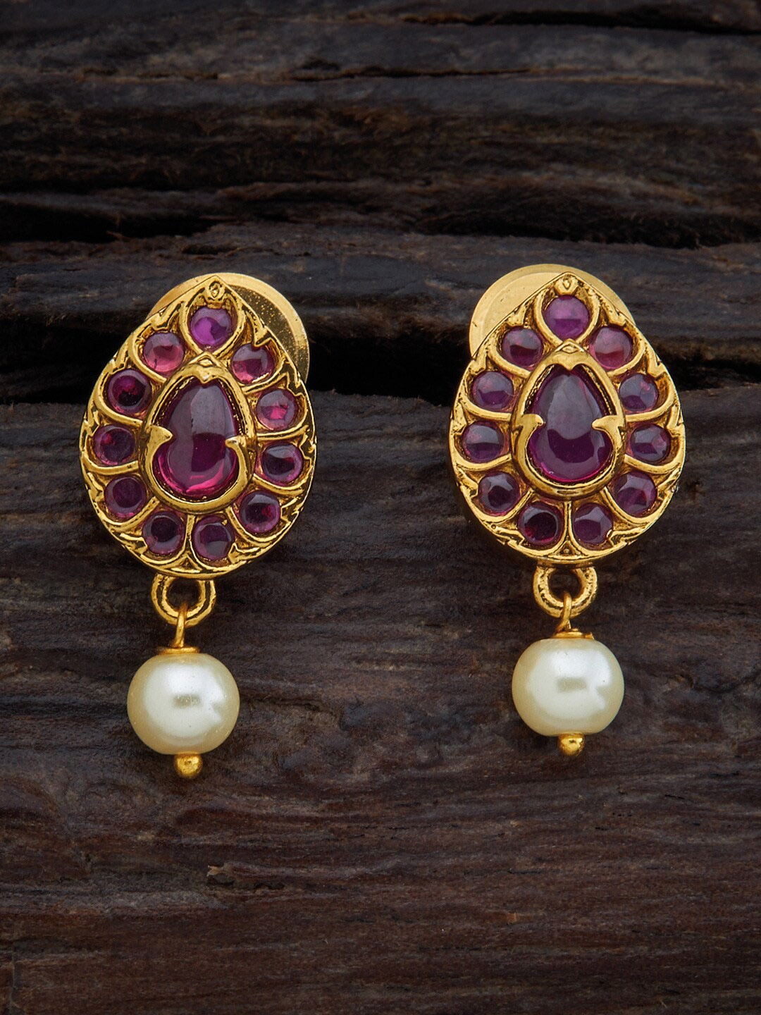 

Kushal's Fashion Jewellery Gold-Plated Ruby-Studded Teardrop Shaped Drop Earrings