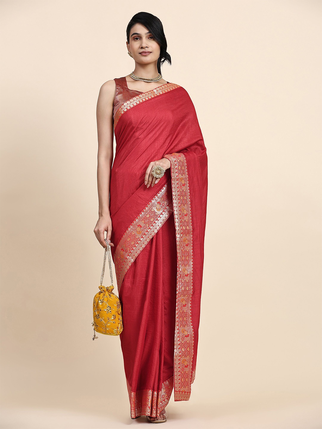 

RACHNA Woven Design Border Saree, Red